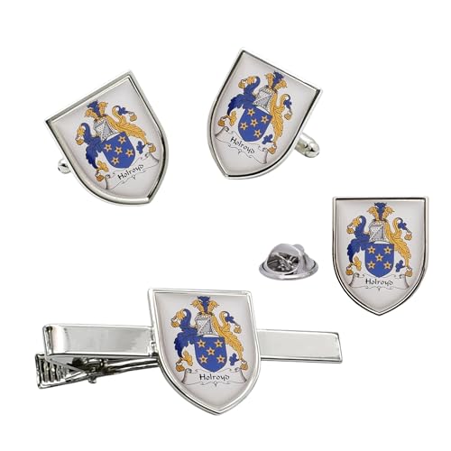 Image of Personalised Family Crest Cufflinks, Tie Clip and Lapel Pin Gift Set, Rhodium Plated, Shield Design