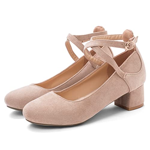 MIOKE Women's Square Toe Buckle Pump Loafer Slip-On Suede Chunky Block Mid Heel Casual Office Dress Shoes2