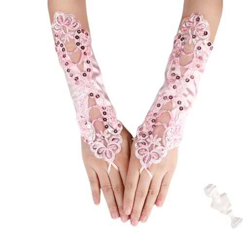 Girls Satin Lace Fingerless Gloves Long First Communion Princess Gloves Flower Girls Gloves for Wedding Costume 8-15 Y