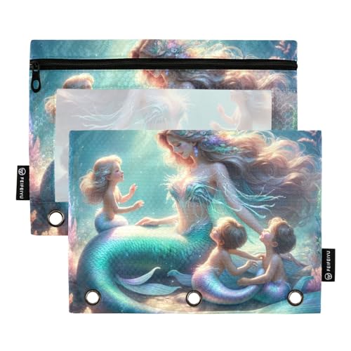 Astuccio per raccoglitori a 3 anelli bella madre sirena con i suoi bambini astuccio per matite e cosmetici con cerniera trasparente per ufficio viaggi confezione da 2 Bella Sirena