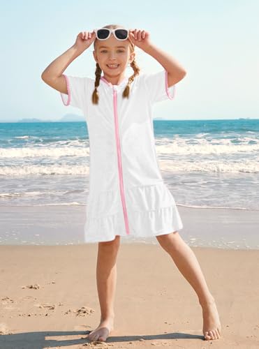 Image of BesserBay Girls Summer Beach Quick Dry Cover Up Ruffle Hem Terry Smocked Hooded 4-14 Years with Pockets