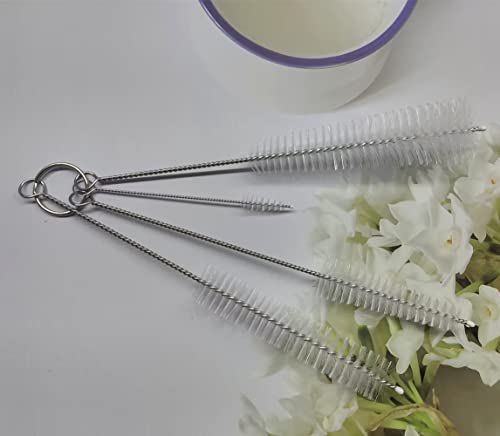 Image of 4 Pack Stainless Steel White Bristle Aquarium Tank Cleaning Brush, Nylon Long Fish Tank Tube Washing Brush Cleaner Clean Tool for Kitchen Sink, Glasses, Drinking Straws, Teapot Brush