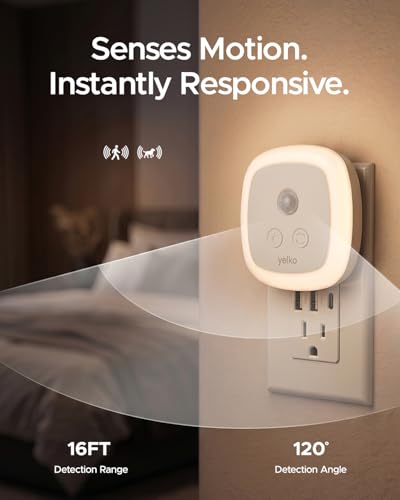 Image of YELKO Motion Sensor Night Light, 5-Level Dimmable with Dusk to Dawn Sensor, Plug in Warm White Anti-Glare LED, Cozy Soft Glow, Adjustable Delay Time for Bathroom, Hallway, Kitchen, Stairs, 2 Pack