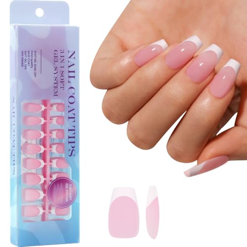 フレンチチップジェルネイルチップ3イン1xコートのヒント事前に適用された先端プライマーベースコートカバー爪のプレス1ステップ偽の爪