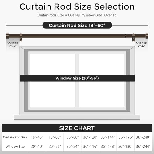 Bronze Curtain Rods for Windows 28 to 48 Inch(1.5-5 Feet), 1" Diameter Drapery Rods with Modern Style End Cap Finials,Size:30-60 Inch, Antique Bronze