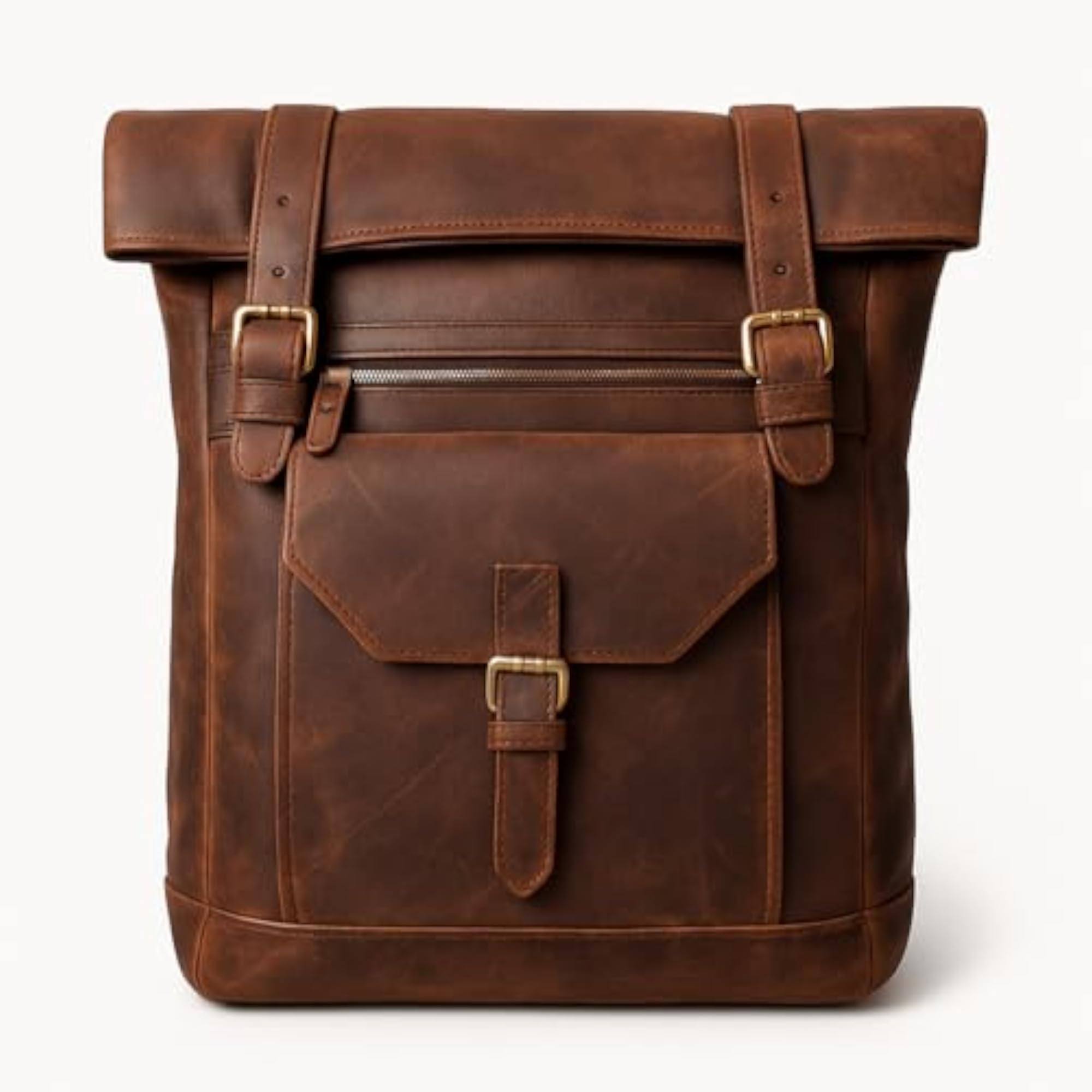 Vintage Leather Roll-Top Backpack with Brass Hardware
