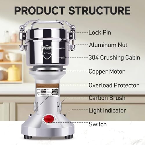 Goldtouch 550g Electric Grain Grinder Mill 2000W Spice Grinder 304 Stainless Steel High Speed 28000rpm Electric Flour Grain Mill for Nut, Rice, Spice, Coffee, Flour, Herb