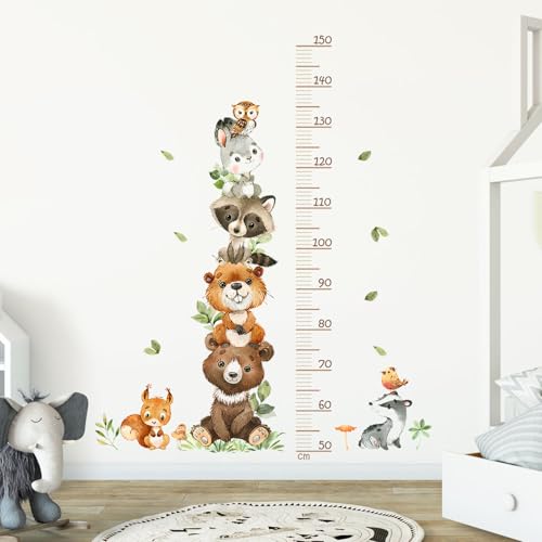 Toise Murale Enfant,50-150 cm Animaux de la Forêt Tableau de Hauteur,Autocollant Mural Autocollant Animaux de la Forêt,Autocollant Mural Toise pour Enfants,Stickers Muraux Animaux Enfant pour Crèche