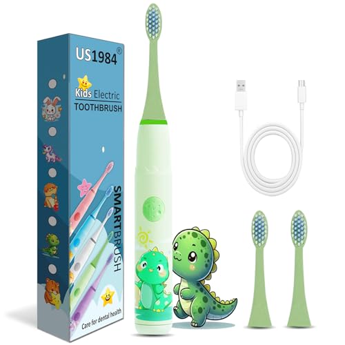 Image of Sonic Electric Toothbrush for Kids with 4 Modes, 3 Brush Heads & Rechargeable Battery, Ultra Soft Nylon Bristles, IPX7 Waterproof, Electric Power Tooth brush (Green)