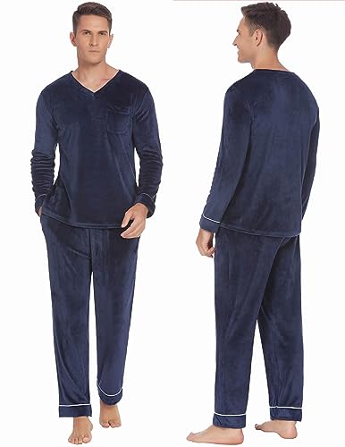 Ekouaer Couples Matching Pajamas Sets Velvet PJs Set for Men and Women Velour Long Sleeve Sleepwear S-XXL Navy2