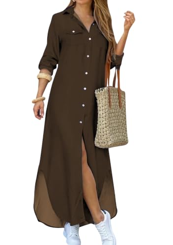 Image of YMING Women's Long Sleeve Button Down Shirt Dress Spring Casual Maxi Dresses Loose Fit Blouse Dress with Pockets