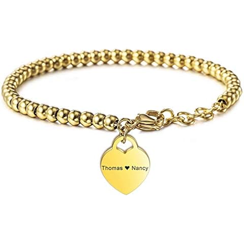 VIBOOS Personalized Bracelet Engraving Names Customized for Women Stainless Steel Adjustable Ankle Bead Link with Heart Bridesmaid Gifts Best Friend Bracelets (Gold Color) Cover