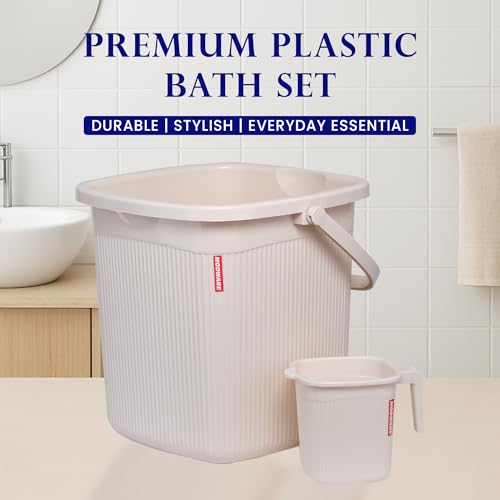 Image of Modware Square Ribbon Plastic Bucket Set with Mug | 25L Brown Bathroom Bucket with Handle + 1.5L Mug | Heavy-Duty Polypropylene + Co-Polymer | Stylish & Durable Bath Set (Cream 25 L)