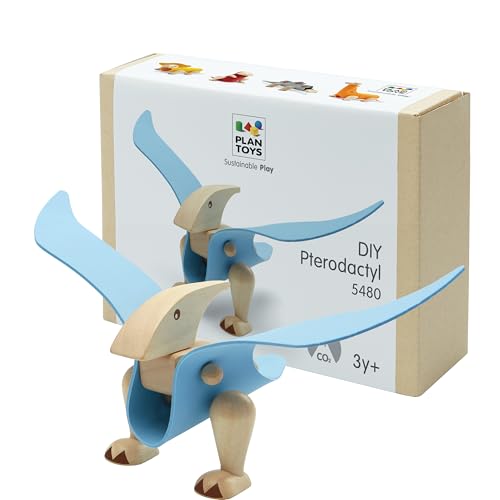 PlanToys® DIY Pterodactyl Wooden Dinosaur Toy for Kids 3+ | STEM Learning Construction Kit with Rubber & Wooden Parts | Educational Toy with Flashcard for Logical Thinking, Creativity & Motor Skills