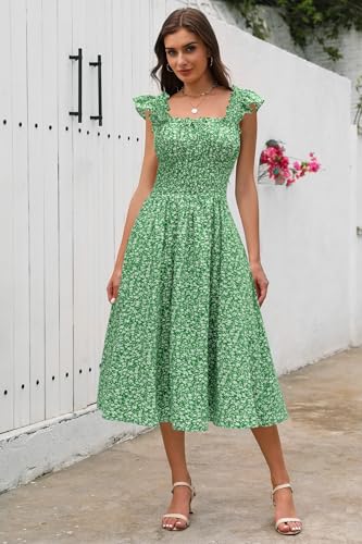 Image of Women's 2026 Spring Summer Floral Midi Dresses Square Neck Smocked Waist Beach Wedding Guest Long Flowy A Line Sundress