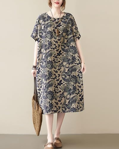 Image of LUZU JUNU Women's Summer Baggy Plus Size Loose Cotton Linen Long Boho Beach Dress with Pockets