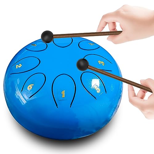 REGIS rain drum for outside，Steel Tongue Drum 8 Notes 6 Inches Chakra Tank Drum Steel Percussion Padded Travel Bag and Mallets，Musical Education Entertainment Meditation Yoga Zen Gifts(Light blue)