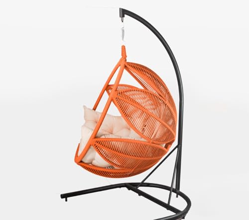 Image of Rattan Wicker Wrought Iron Two Seater Swing Chair with Powder Coated Stand & Cushion & Hook | Double Hammock Swing for Adults & Kids | Modern Swing Jhula | (Orange and Cream)