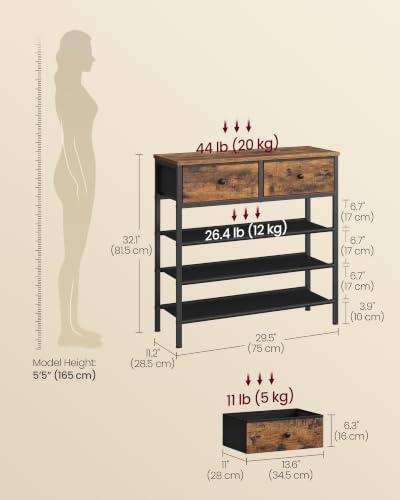 Image of VASAGLE Shoe Rack, 4 Tier Shoe Storage Rack with 2 Fabric Drawers, Shoe Organizer for Entryway, with 3 Fabric Shelves and Wooden Top, Steel Frame, Modern Basic, Rustic Brown ULBS235KD01