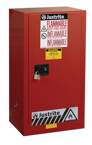 Image of Justrite 20 Gallon Manual Close Paint and Ink Safety Cabinet, 18 Gauge Steel, 2 Shelves, 23 inch x 44 inch x 18 inch, 1 Door Combustibles Cabinet, Made in The USA, Red, 891511