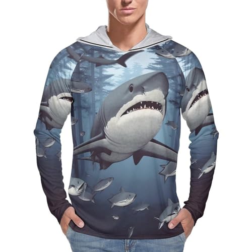 Men's Sun Protection Hoodie UPF 50+ Long Sleeve Shirt Funny Sharks Design Rash Guard Sun Shirt for Outdoor