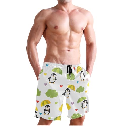 Men's Swim Trunks Quick Dry Swimming Shorts with Pocket Cute Penguins with Umbrellas Pattern Swimsuit Trunks3