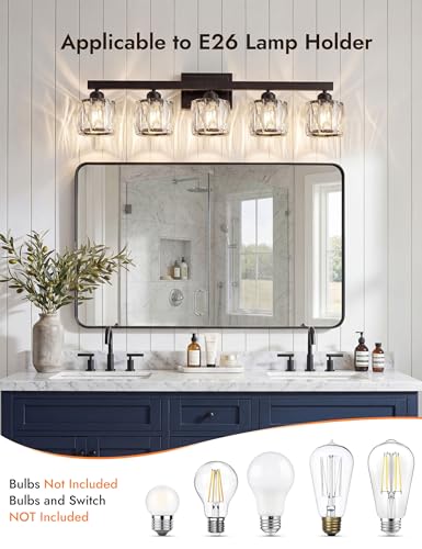 Image of VOLISUN Crystal Vanity Lights for Bathroom, 5 Light Bathroom Vanity Light, Modern Matte Black Bathrooms Light Over Mirror, Black Bathrooms Lights Fixtures-UL Certificated(Exclude Bulb)