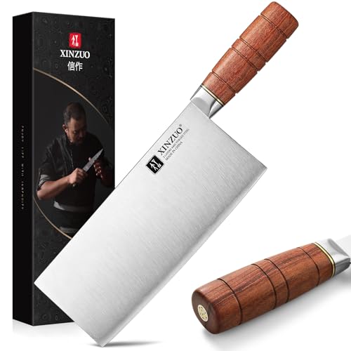 XINZUO 8.1 Inch Professional Chinese Chef Knife,440C Steel Core,Sharp Stainless Steel Vegetable Cleaver Meat Kitchen Square Knife For Precision Slicing, Dicing,Asian Cuisine With Red Wood Handle