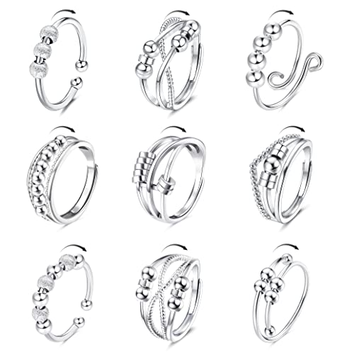 SAILIMUE 9Pcs Anti Anxiety Rings For Women Men Fidget Band Rings Set For Anxiety Unisex Adjustable Stacking Spinner Worry Stress Relief Ring With Beads