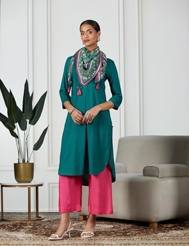Image of BIBA Women Rayon flax Straight Kurta Palazzo Suit Set
