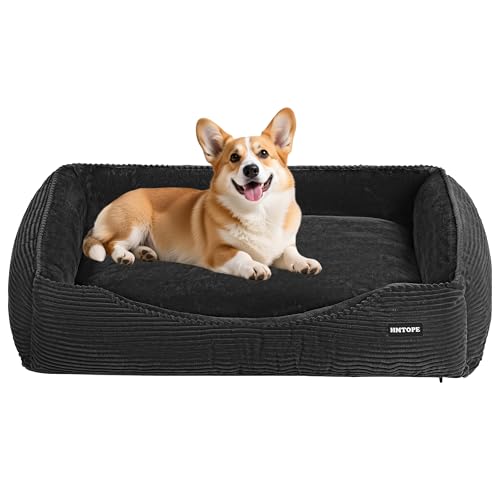 HMTOPE Hundebett, Hundesofa, Hundematte aus Cord, S/M/L, rutschfest, Abnehmbar und Waschbar, Weich und Atmungsaktiv, Dunkelgrau, 90 x 75 x 25 cm
