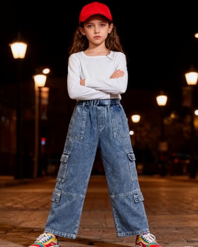 Image of Tween Girls Clothes 2 Piece Long Sleeve Top + Denim Cargo Pants, Teen Girls Fall Clothing Set, Sizes 5-12 Years