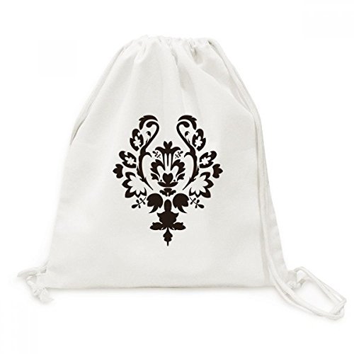 Mochila de cuerdas de lona negra con líneas paralelas y estampado barroco de flores