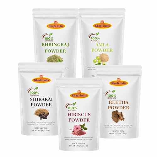 Image of Khadi 100% Herbal Pure Amla Reetha Shikakai, Bhringraj and Hibiscus for Hair |Hibiscus Powder /gudhal powder /gudhal fool powder (Pack of 5,50g each,Total 250g Pack)
