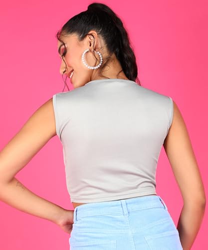 Image of POPWINGS Casual Self-Design Round-Neck Sleeveless Crop Top for Women || Summer Wear Crop Tops for Women || Stylish Western Regular Wear Women Crop Tops