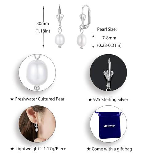 Handpicked AAA+ Freshwater Cultured Pearl Earrings for Women, Sterling Silver Pearl Leverback Drop Dangle Earrings for Mother Her (Silver, Freshwater) — view 4