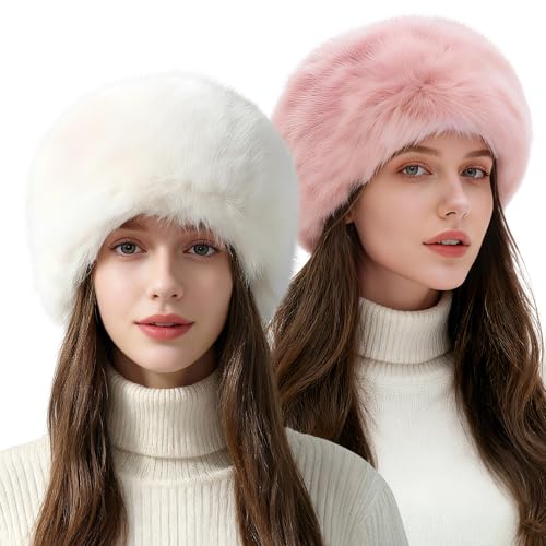 Consejos para Comprar Gorras de Moda los mejores 10. 37 LIUIAHZBF 2 Piezas Gorros Cálido para Mujeres, Gorro de Piel Sintética Cálido y Suave, Gorro de Nieve Moda para Invierno, Blanco y Rosa Gorro Ruso, Regalo Ideal para Mujeres y...