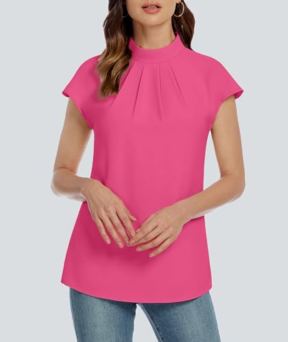 Image of Funlingo Womens Summer Tops Mock Neck Short Cap Sleeve Blouses Business Casual Work Chiffon Shirts Front Pleated Tunic Top