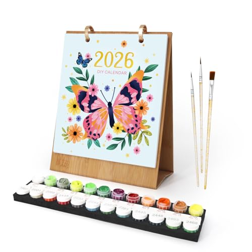 Malen Nach Zahlen Kalender 2026,DIY Tischkalender Aufstellen,Kalender Malen nach Zahlen Kit für Erwachsene,mit Pinsels,Acrylfarbe,Base,Monatskalender,für Zuhause Schule Büro,Geschenke (Schmetterlinge)