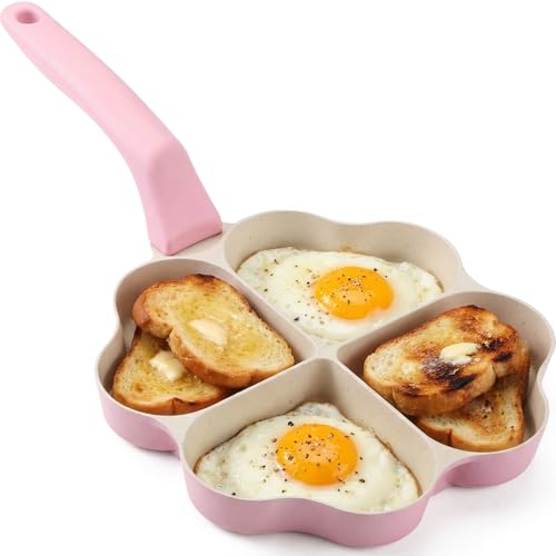 Reallnaive Heart Shaped Divided Fry Pan Nonstick Granite Egg Pan Pink Breakfast Frying Skillet with Four Heart Sections for Breakfast Grilled Cheese Brownie Cookie Valentine's Day Party Supplies