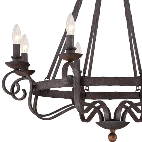 Image of Quoizel Noble 32 inch Candle-Style Chandelier, 8-Light, Rustic Black | Solid Wood Accents, European Style, Adjustable Height Up To 85 inch