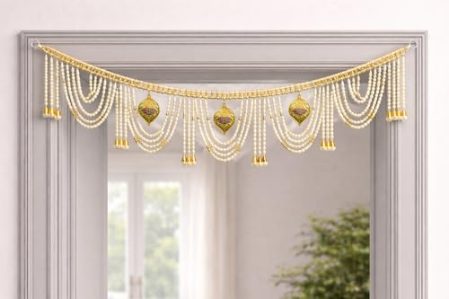 Image of Designer Pearl Beads Toran for Door | Golden Bandarwal with Hanging Motifs | 3 Feet Length | Traditional Festive Home & Pooja Decoration for Diwali, Wedding & Housewarming