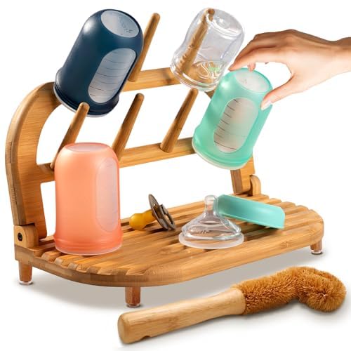 Image of TEYGA Indestructible Bamboo Baby Bottle Rack Dryer - Bottle Holder & Organizer, Travel & Cleaning Kit