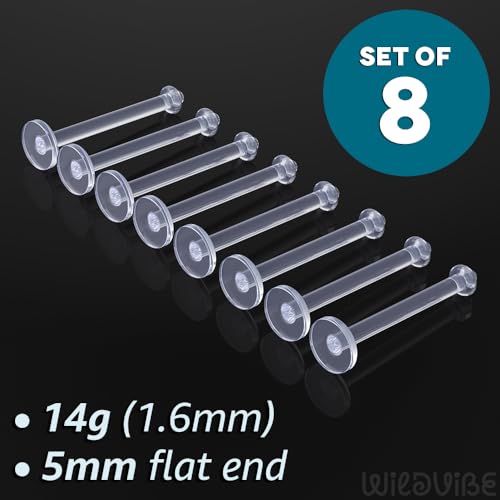 Flat Clear Tongue Ring For Work, Surgery - 14g Hypoallergenic Flat Tongue Rings For Women - 16mm (5/8) Flexible Straight Barbell Bioflex Plastic Tongue Rings Piercing Retainer Jewelry Spacers (8pcs)2