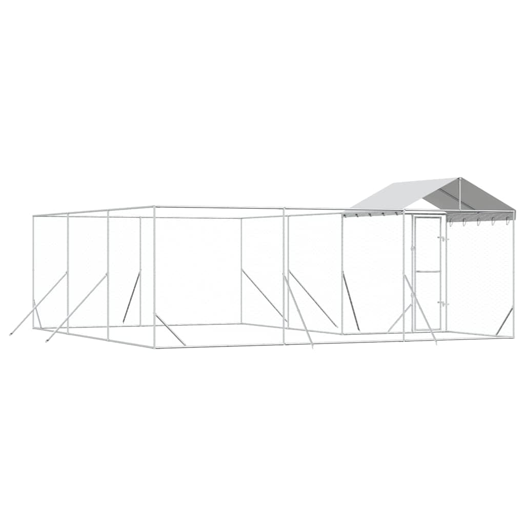 Perrera para perros al aire libre con techo de acero galvanizado plateado, 6 x 6 x 2,5 m, gran caño con puerta, protección de seguridad, recinto para perros, cachorros, entrenamiento, jardín