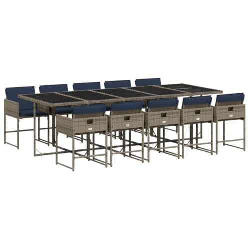 QJBSAVVA Ensemble de table de jardin 11 pièces en polyrotin gris, table à manger avec 10 chaises de jardin et coussins bleu marine, design cube peu...