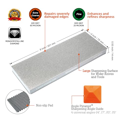 Image of SHARPAL 169H Large 8 inch x 3 inch Dual-Grit Diamond Sharpening Stone | Extra-Coarse 220 & Fine 600 Grit Monocrystalline Diamond Whetstone, Pro Knife Sharpener with Anti-Slip Pad and Angle Guide