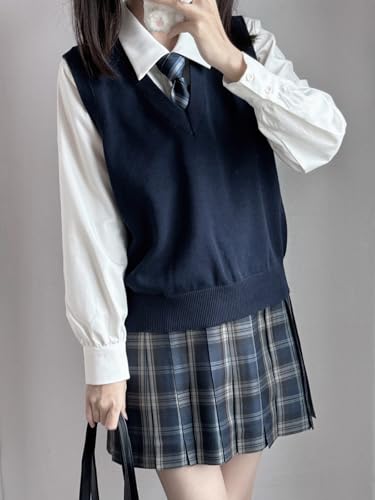 Wowcarbazole Women's Sweater Vest V Neck Uniform Sleeveless Ribbed Knit Solid Classic Pullover Tank Tops JK Outfits3