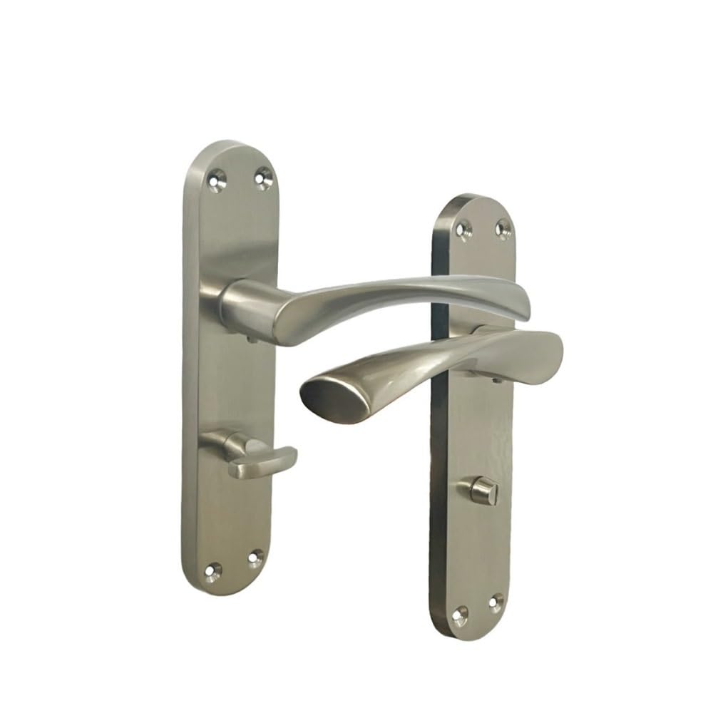 Epsom Door Handle Satin Nickel Twist Bathroom Door Handle Set Interior Latch Lever on Long Backplate (1 Pair of Handles)