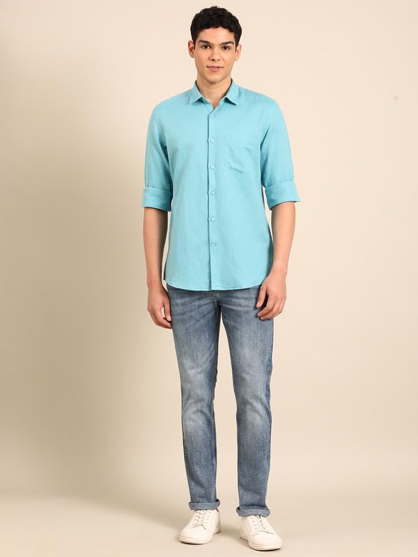 Image of Linen Club Men's Pure Linen Olive Solid Contemporary Fit Full Sleeve Casual Shirt